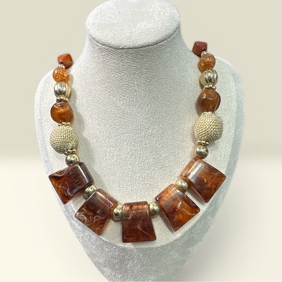 Jewelry - Vintage 1946 Lucite Mid Century Chunky Statement Necklace Retro Gold & Brown
